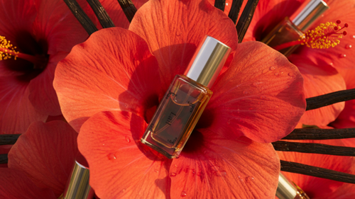 Three small perfume bottles on red flowers with a blurred natural background